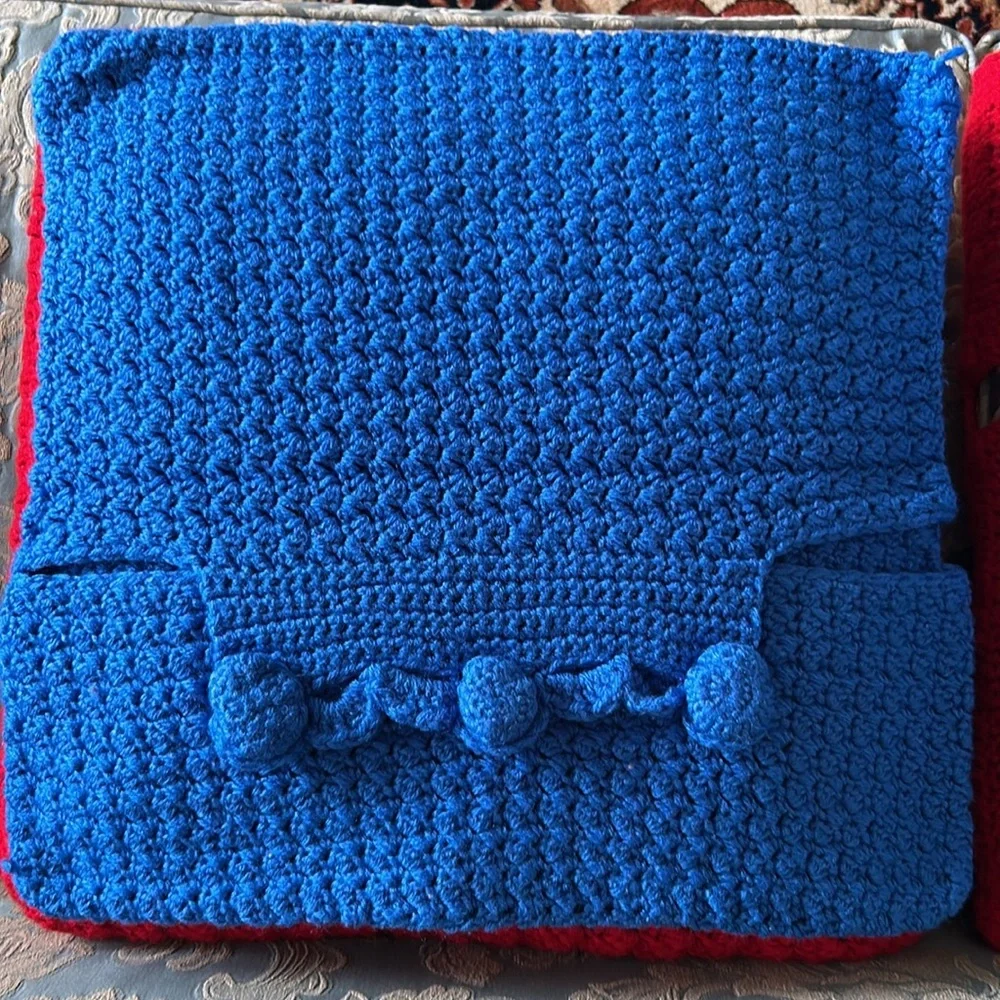 Hand Crafted Bright Blue Knit Throw Pillow Cover 18 x 18 Hand Crochet Heirloom